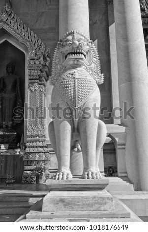 Thailand, Bangkok, Dusit District, Benjamabopit Temple (Wat Benjamabopit), one of the two marble lions at the entrance of the temple