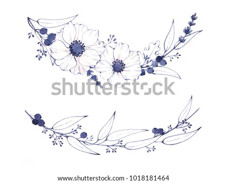 Floral  design with anemones. Elegant frame of watercolor flowers, berries and leaves.