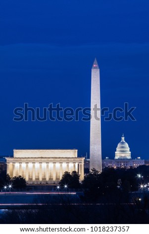 Washington DC monuments, Lincoln Memorial, Washington Memorial, The Capitol Building