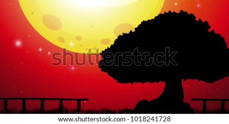 Background scene with big tree and red sky illustration