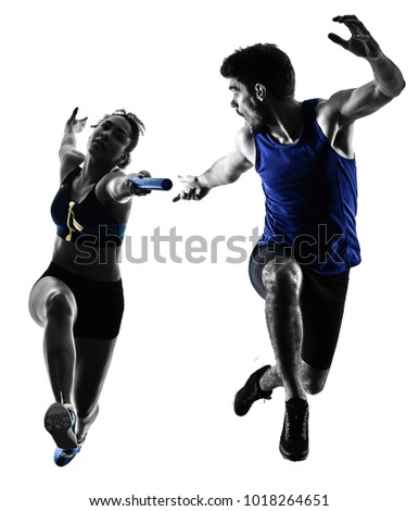 athletics relay runners sprinters running runners in silhouette isolated on white background Royalty-Free Stock Photo #1018264651