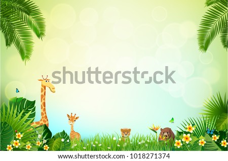 Jungle or Zoo Themed Animal Background. Field of fresh green grass palm, flower, Humming Birds are flying.