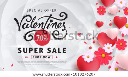 Valentines day sale background with Heart Shaped Balloons and flower. Vector illustration.banners.Wallpaper.flyers, invitation, posters, brochure, voucher discount.