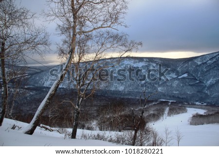 Amazing winter view from Moroznaya mount in Kamchatka in cloudy morning