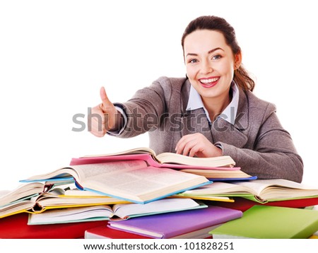 Woman holding book. Isolated.
