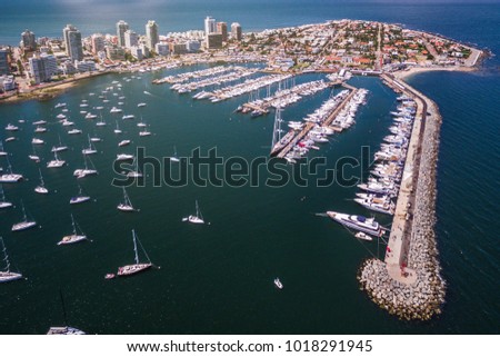 Punta del Este, Maldonado, Uruguay, aerial view of peninsula and marina of Punta del Este. Royalty-Free Stock Photo #1018291945