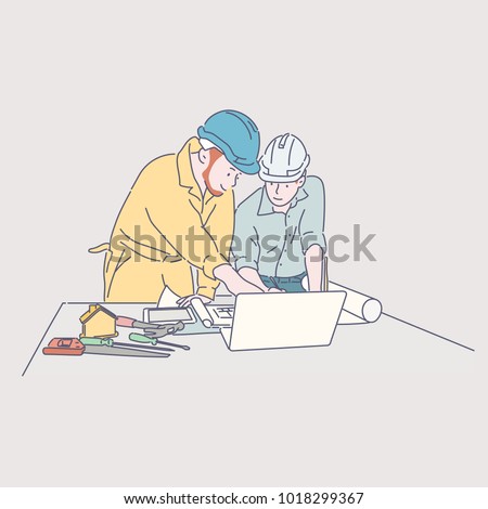 Construction worker characters talking about a blueprint and a laptop. hand drawn style vector doodle design illustrations.