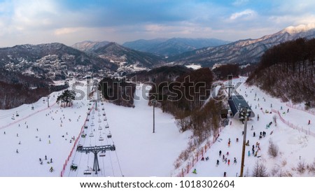 Aerial view of ski resort in winter season, South Korea.