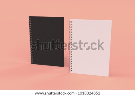 Two blank notebooks with black and white covers and metal spiral bound on red background. Business or education mockup. 3D rendering illustration