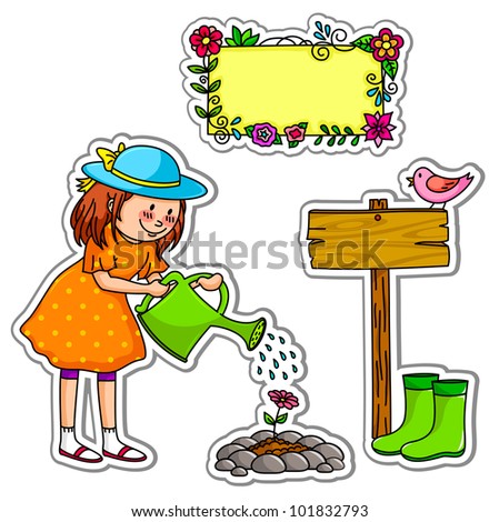 girl watering her garden, plus elements for design