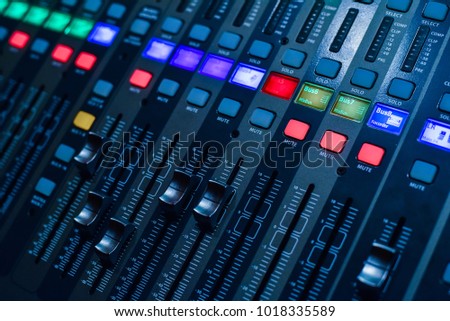 Music equalizer sound control. Mixer in recording studio 
