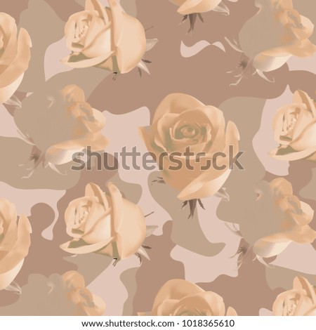 Fashionable camouflage beige pattern with beige roses with leaves 