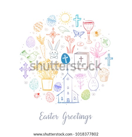 Greeting card with colored easter doodles in circle on white background.