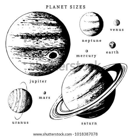 Solar system infographics in vector. Hand drawn illustration of planets in size comparison on white background.