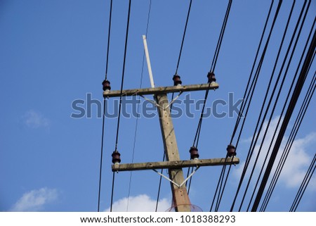 Electrical cable wire and blue sky take photo from thailand