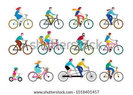 People riding on bicycles in the park, active family vacation. Collection of vector illustrations and elements