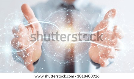 Businessman on blurred background using digital network connection sphere 3D rendering