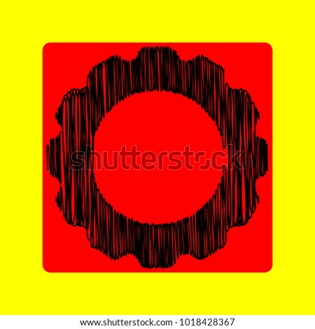 Gear or cogwheel icon. Vector. Black scribble icon in red container with rounded corners at yellow background. Isolated.