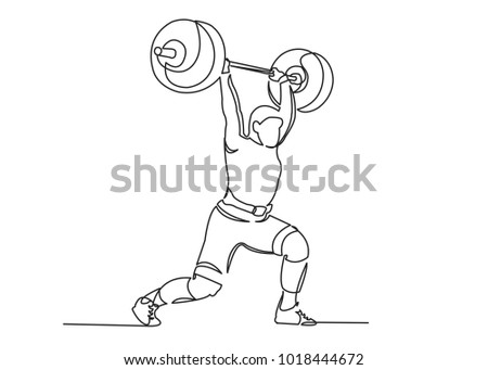 one continuous drawn weightlifter line drawn from the hand a picture of the silhouette. Line art. character male athlete lifting barbell