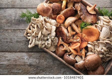 Wicker tray with variety of raw mushrooms on wooden table Royalty-Free Stock Photo #1018487401