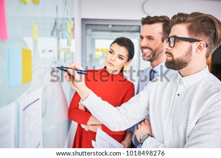Business people discussing project on whiteboard in office