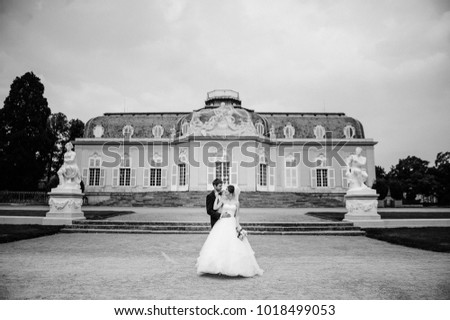 Black and white photo. European wedding in an old castle. Pink castle. Black suit. White fluffy dress. A park. The bride's bouquet. They kiss, they embrace. Love.