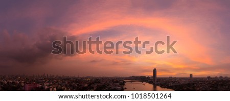 Sunset or sunrise background. Panorama of beautiful sky at Bangkok city, Thailand. Picture for add text message. Backdrop for design art work.