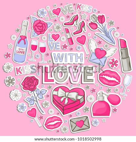 Vector icon sticker set with Love,romantic signs isolated on a pink background.Hand draw doodle love.Heart,lips,email,gift