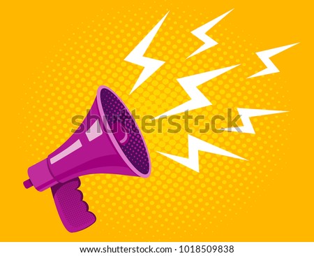 Vector vintage poster with ultraviolet megaphone on yellow halftone background. Vector purple megaphone. Royalty-Free Stock Photo #1018509838