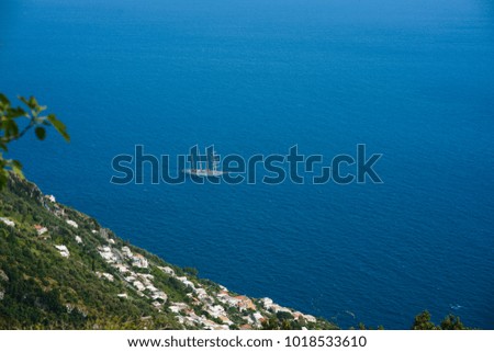 Mountains Italy landscape blue sea background, colorful flowers, cloudy clouds sky little village romantic atmosphere nature sunlight sunrise and sunset path of gods Amalfi view panorama Spain France