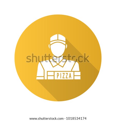Pizza deliveryman flat design long shadow glyph icon. Delivery service. Raster silhouette illustration