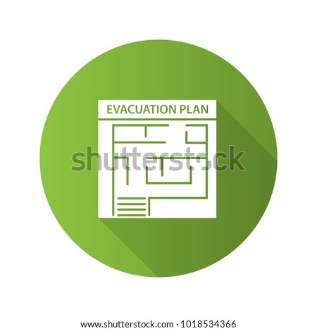 Evacuation plan flat design long shadow glyph icon. Fire escape plan. Raster silhouette illustration