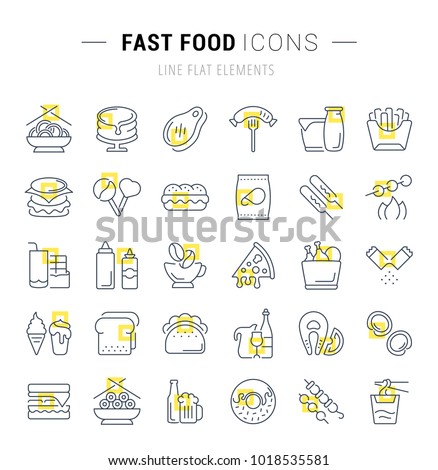 Set of vector line icons and signs with yellow squares of fast food for excellent concepts. Collection of infographics logos and pictograms.