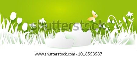 Paper art cut out meadow with flowers on green background. Grass, tulips and chamomiles, butterfly. Vector illustration. Season banner with place for your text. Nature decor. White on green colors