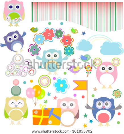 Birthday party elements with funny owls. Vector set