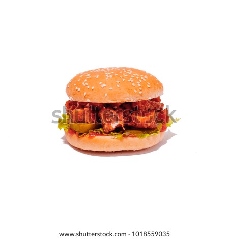 hamburger with spicy chicken breast on a white background