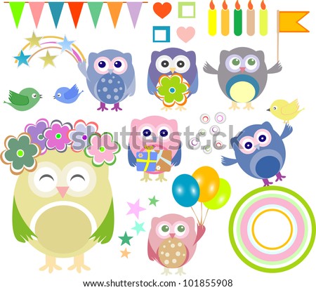Set of vector birthday party elements with cute owls