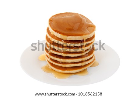 Stack of Pancakes with maple syrup on a plate isolated white background. Fat Tuesday. Dessert. Snacks. Family Breakfast. Brunch. Food. Sweets.