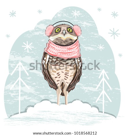 Funny owl in a scarf in the winter forest.
