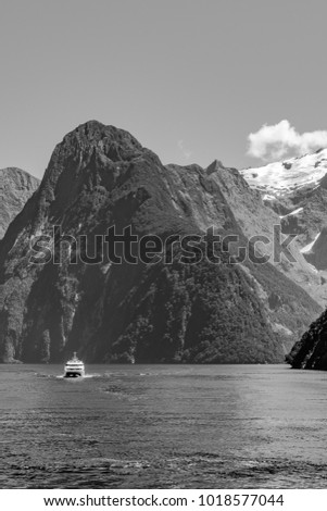 (monotone)Clear sky in Milford sound, Fjordland national park, south island, New Zealand