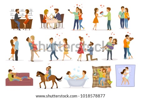 collection set of couples in love on a date hug embrace kiss hold hand take bath, horse riding, giving flowers, marriage proposal, walk, sleep, eating in restaurant and drink in bar Royalty-Free Stock Photo #1018578877