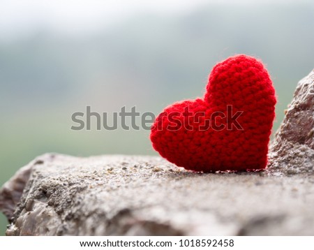 Heart put on stone The background is a forest and mountains. copy space for text. Valentines day, love concept and love background