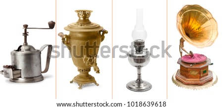 Set of retro household items isolated on white background. Panoramic collection. Wide photo.