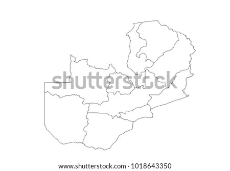 zambia map with country borders, thin black outline on white background. High detailed vector map with counties/regions/states - zambia. contour, shape, outline, on white.
