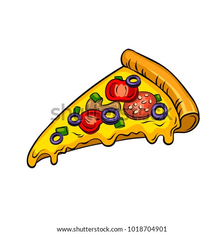 Slice of pizza pop art retro vector illustration. Isolated image on white background. Comic book style imitation.