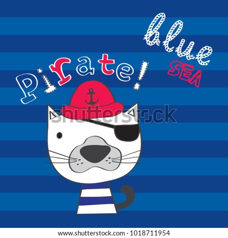 cute pirate cat on striped backgorund vector illustration