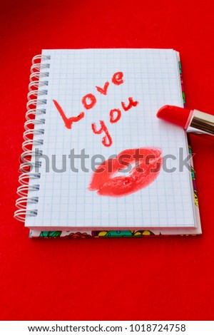 I love you inscription, lipstick red, a trace from a kiss