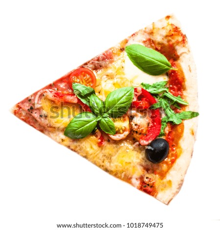  Slice of fresh italian classic Vegetarian  Pizza with cheese, tomatoes and basil leaf isolated on white background
