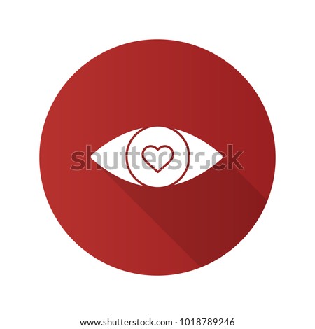 Human eye with heart inside flat design long shadow glyph icon. Fallen in love. Vector silhouette illustration