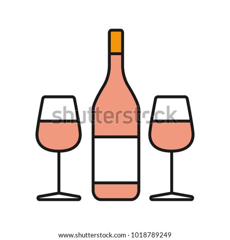 Wine and two glasses color icon. Champagne. Isolated vector illustration